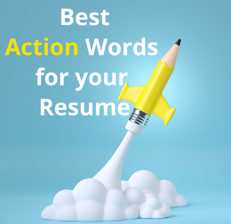 Illustration of rocket pencil blasting off and text "best action words for a resume"
