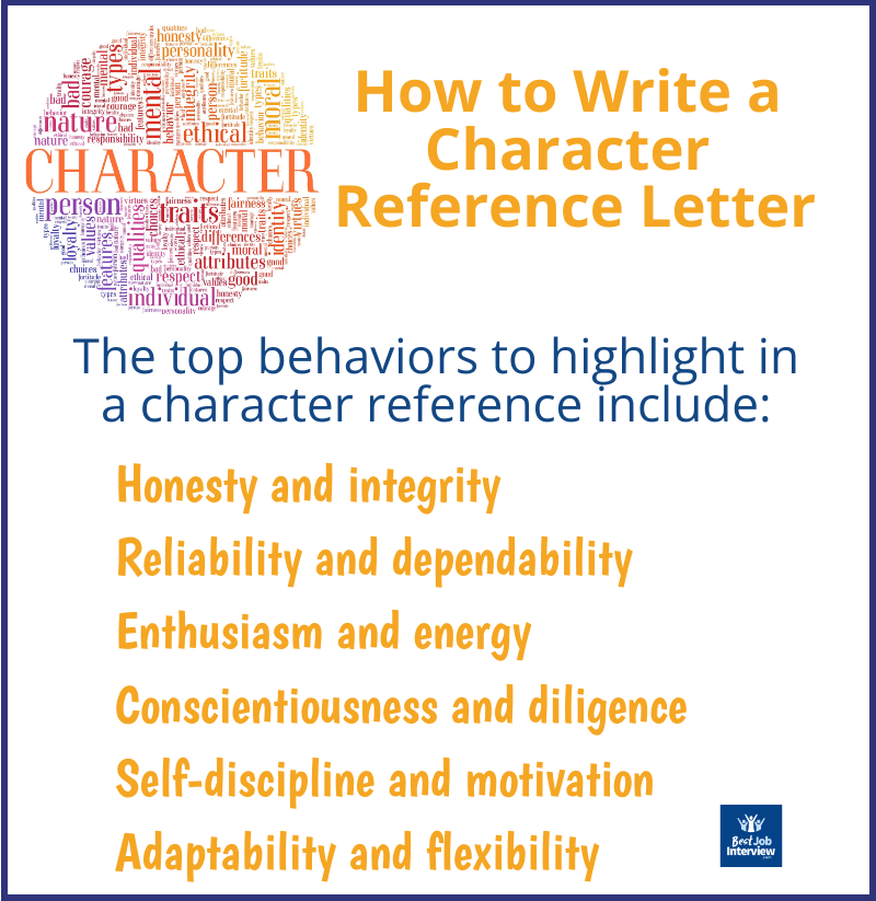 Graphic of the top character traits to include in a character reference listed in text