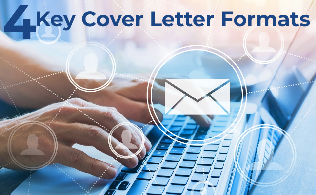 Hands on keyboard with email icons and words 4 Key Cover Letter Formats