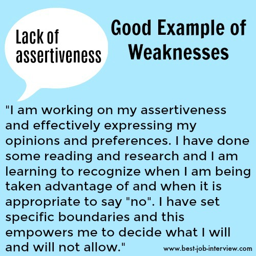Lack of assertiveness sample weaknesses interview answer text