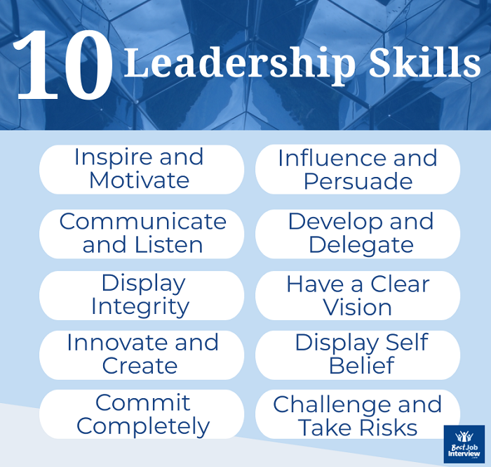Infographic in blue listing 10 leadership skills