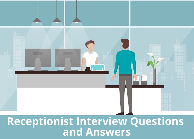 Graphic illustration of receptionist at work with text "receptionist interview questions and answers"