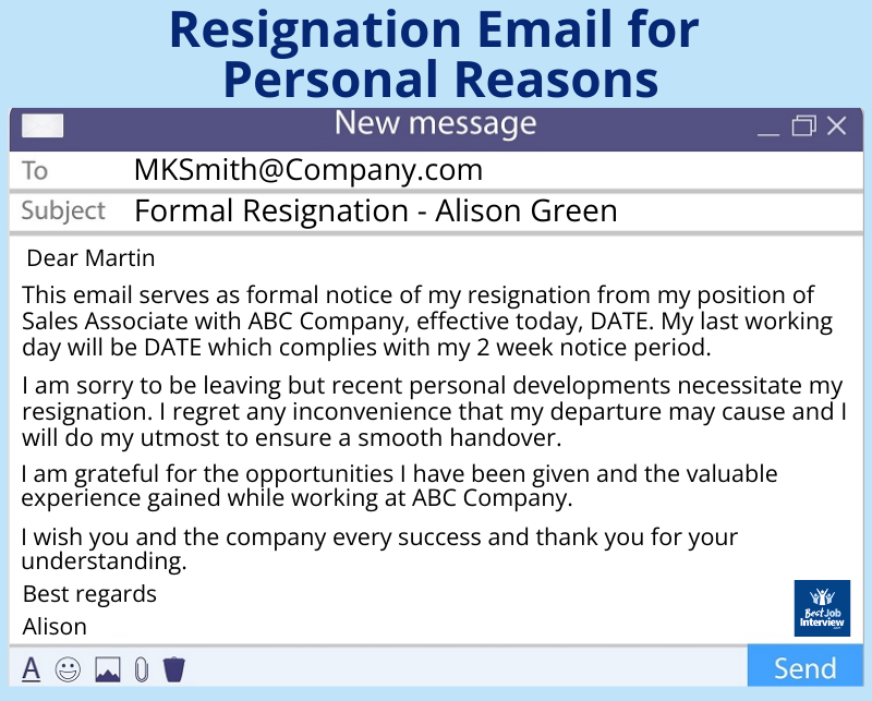 Illustration of an email with text included and headed "resignation email for personal reasons"
