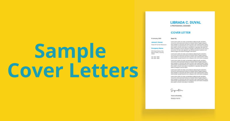 Image of cover letter on yellow background with text "sample cover letters"