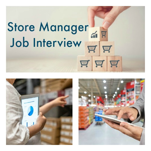 Store managers in 3 work contexts with text "Store Manager Job Interview"