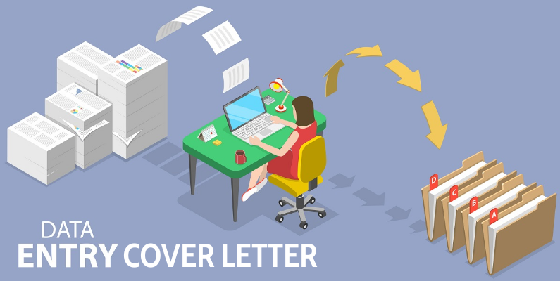 Conceptual illustration of data entry specialist with text 
