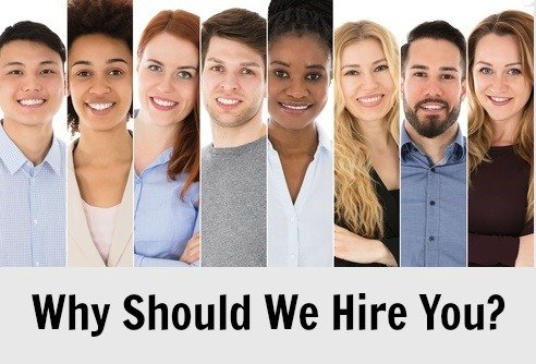 Collage of different individuals' faces with text "Why Should We Hire You"