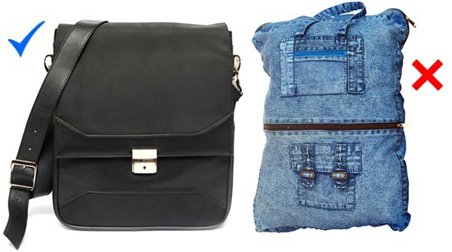 2 different bags, the smart black case marked correct and the sloppy denim bag marked incorrect