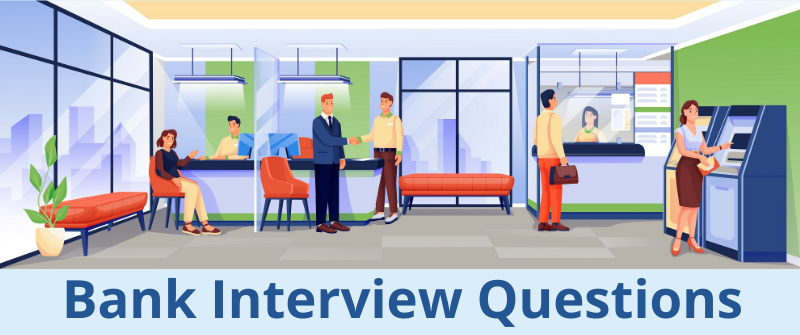Illustration of banking environment with text "Bank Interview Questions"