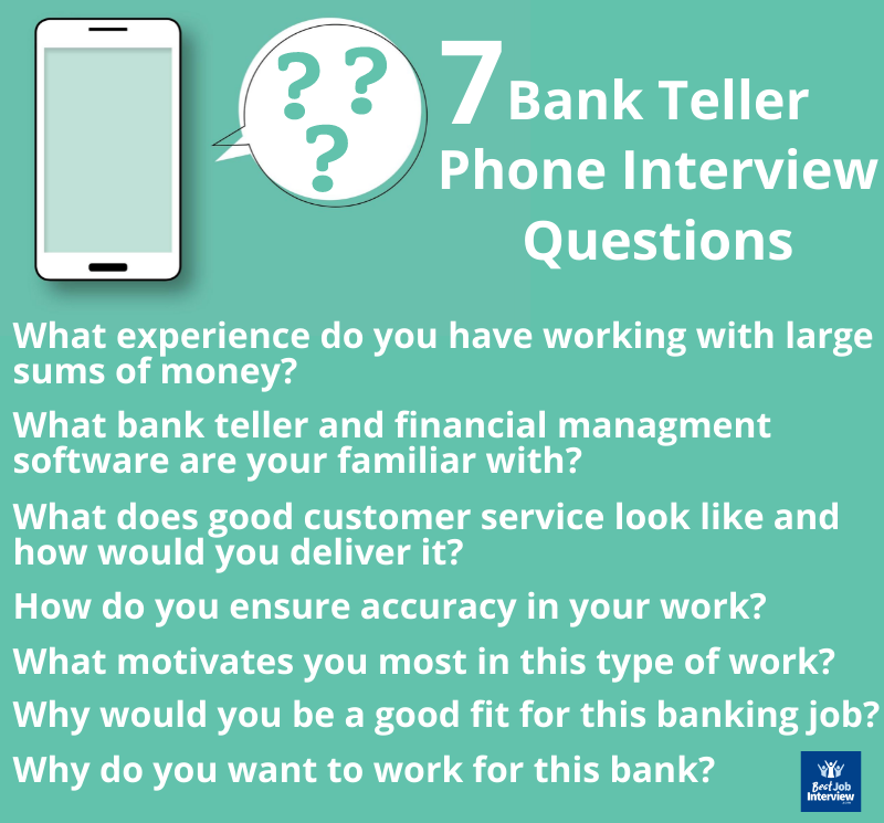 7 bank teller phone interview questions listed white on green background
