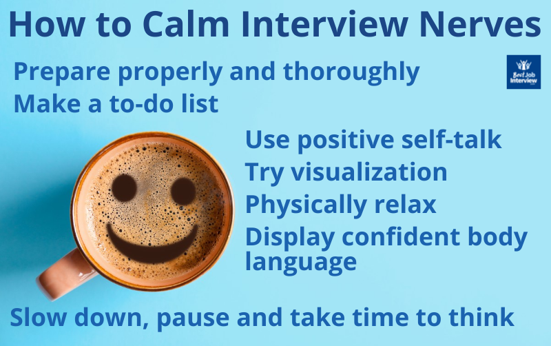 Picture of smiley face in coffee cup with text on how to calm interview nerve.