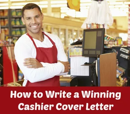 Male cashier standing at cash point with writing "How to write a winning cashier cover letter"