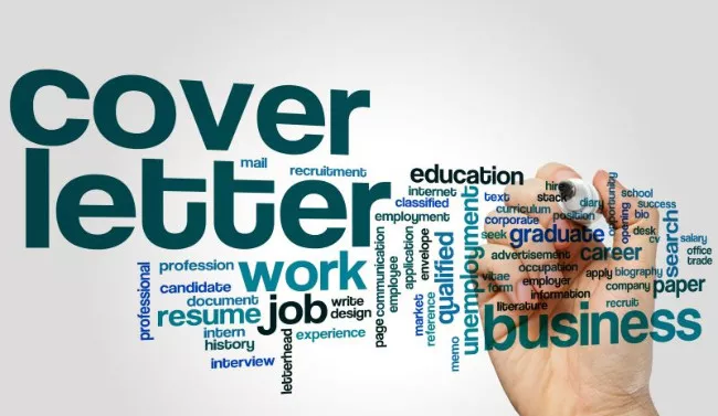 Hand and pen writing cover letter keywords