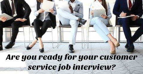 Interview candidates in row, legs only, with words "Are you ready for your customer service job interview?"