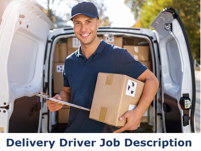 Delivery driver holding parcel and standing next to delivery van