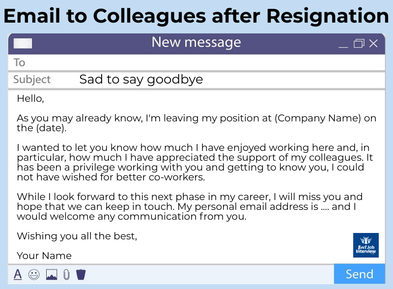 Image of email, with text for farewell message to workplace