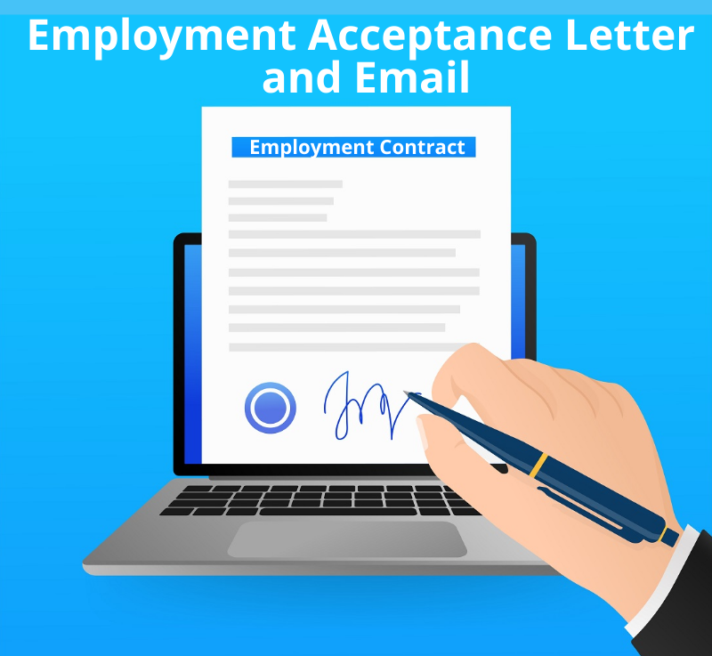Illustration of employment contract with computer and hand signing contract