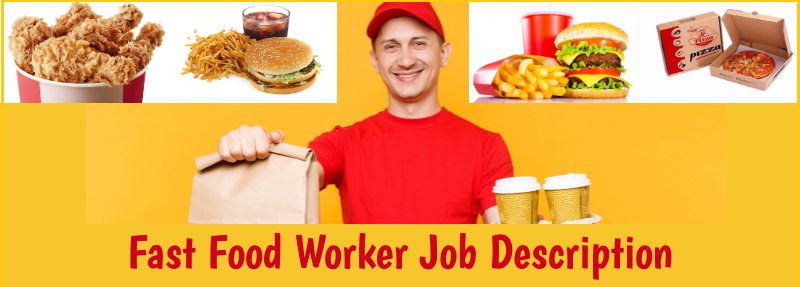 Fast food worker with food and smaller images of fast food