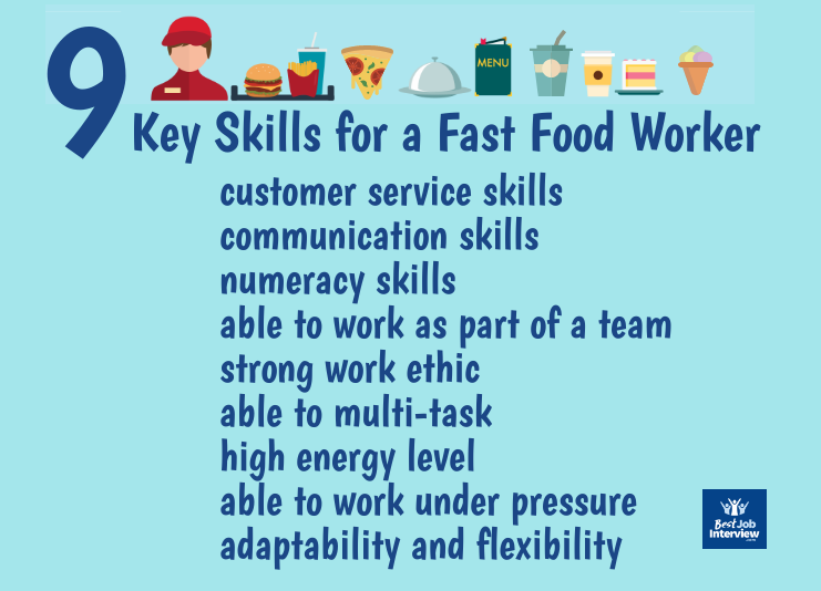 List of the 9 key skills for a fast food worker in text