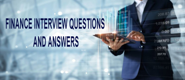 Business man, tablet, financial data and  text "Finance Interview Questions"