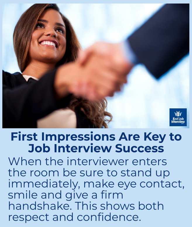 Girl shaking hand of businessman, text describing what to do at the start of an interview