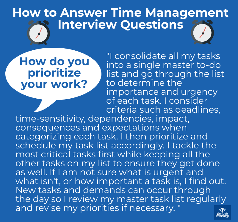 Sample time management interview answer to "How do you prioritize your work?" in text.