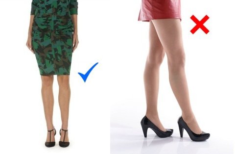 2 different hemlines for females, one on the knee marked correct, the very short skirt marked incorrect