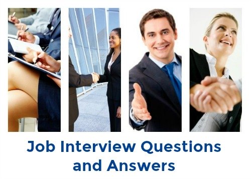 Collage of 4 interview situations with text "Job Interview Questions and Answers"