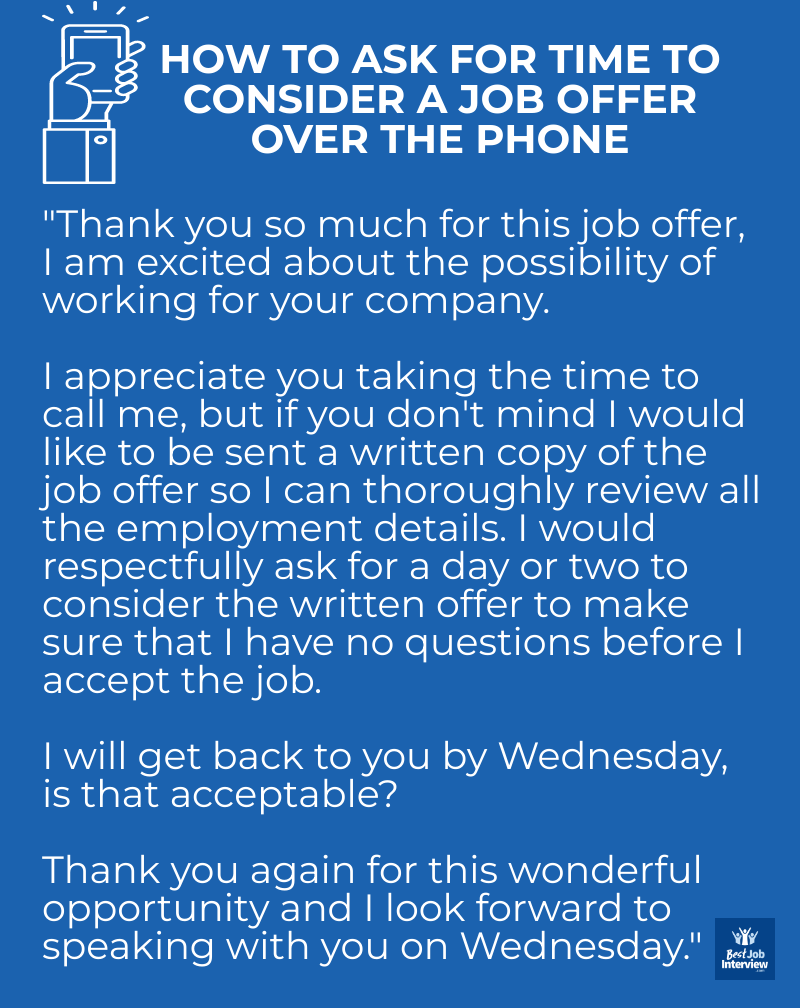 Text details on how to ask for time to consider a job offer over the phone.