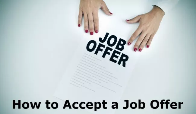Woman presenting a job offer document with text "How to Accept a Job Offer"