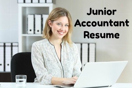 Young woman working on laptop at desk with words "Junior Accountant Resume"