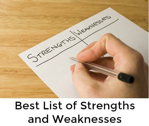 Hand holding pen with list of strengths and weaknesses