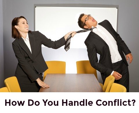 Woman pulling the tie of colleague and choking him with the words "How do you handle conflict?"