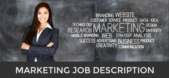 Businesswoman sanding in front of board with marketing-related words