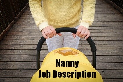 Young woman pushing pram with words "Nanny Job Description"