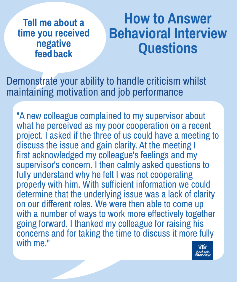 Sample interview answer in text to "Tell me about a time your received negative feedback"