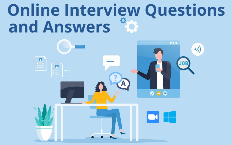 Flat illustration of online job interview with relevant icons