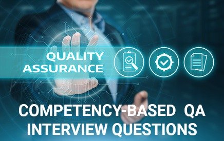 Businessman with quality assurance icons with text "Competency-based QA Interview Questions"
