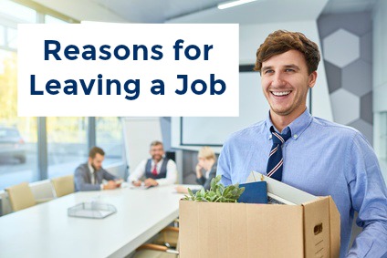 Young man with packed box leaving his workplace and text "Reasons for Leaving a Job"