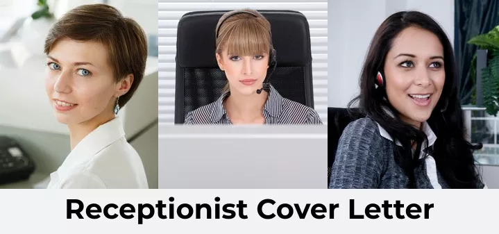 Collage of 3 receptionists at work with writing "Receptionist Cover letter"