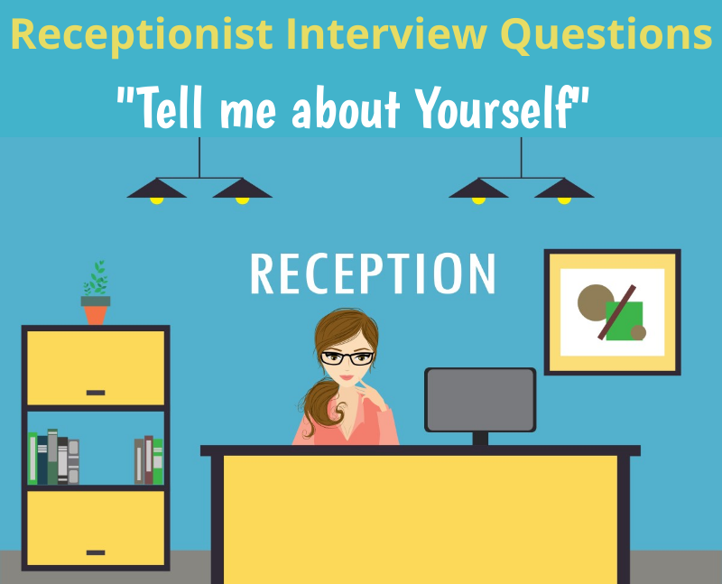 Illustration of a female receptionist sitting at a reception desk with text "Tell me aboyt yourself"