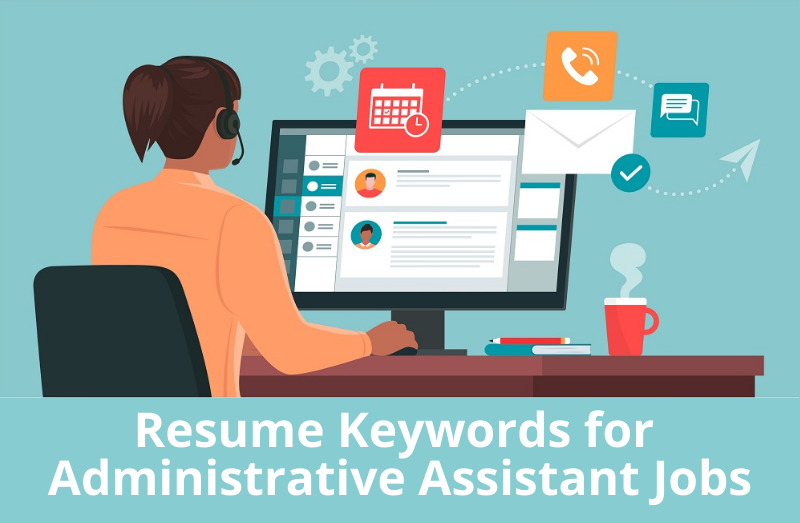 Illustration of administrative assistant at desk in front of computer with administrative icons