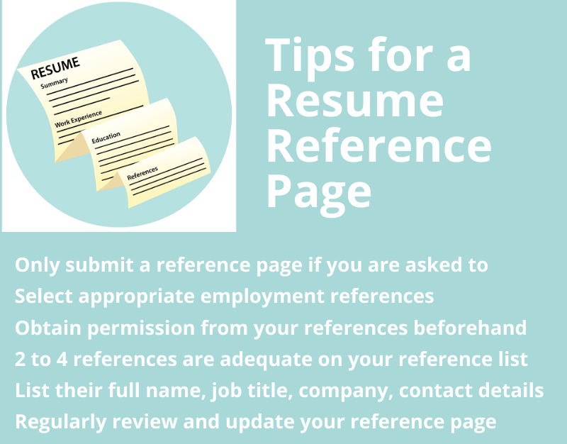 Illustration of resume with references and text "tips for a resume reference page"