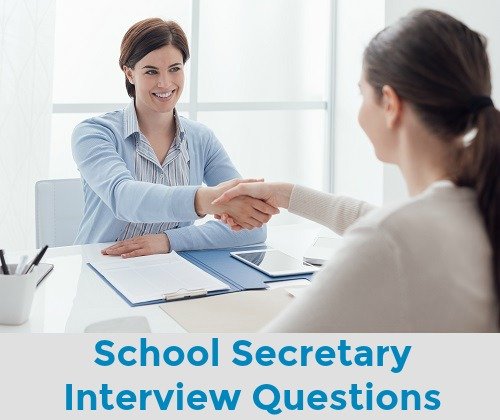 Two women shaking hands in interview with text "School Secretary Interview Questions"