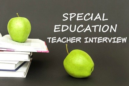 Educational books, green apples and text "Special Education Teacher Interview"