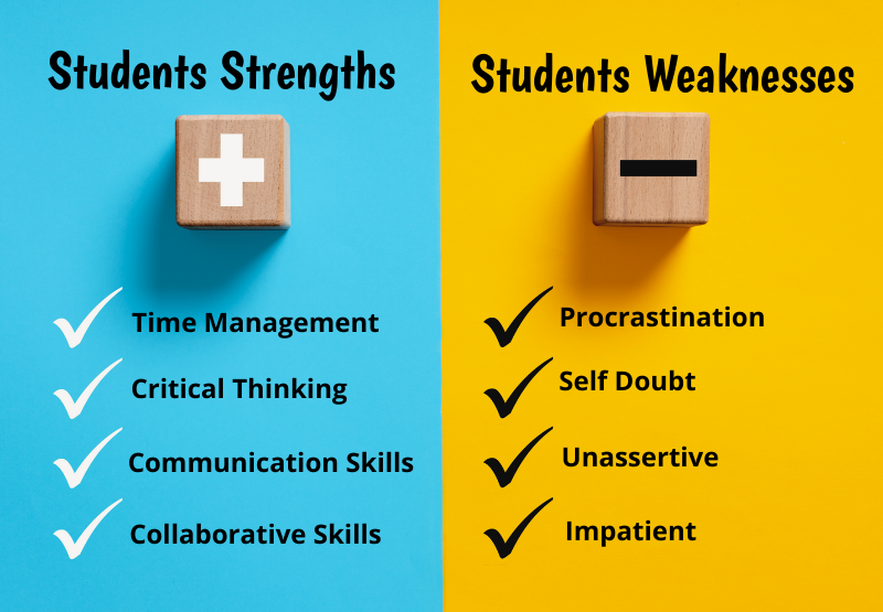 Graphic depiction of plus and minus and list of students strengths and weaknesses