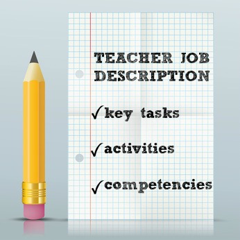 Yellow pencil and page from exercise book with words Teacher Job Description and Key Tasks, Activities and Competencies