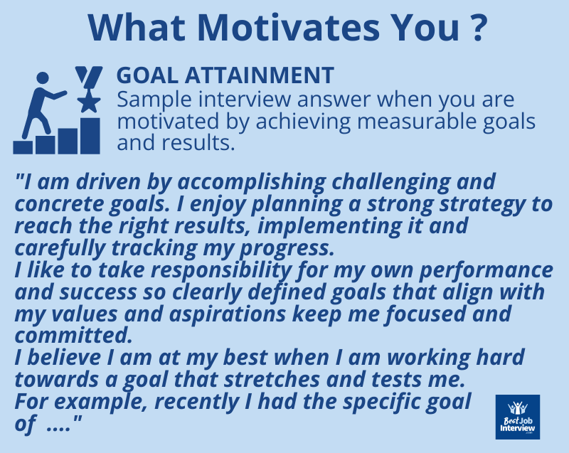 Text sample interview answer to What Motivates You, describing goal attainment as your motivation