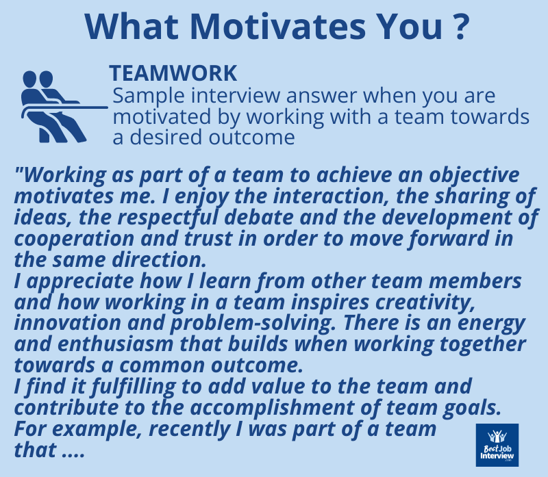 Text sample interview answer to What Motivates You, describing teamwork as your motivation