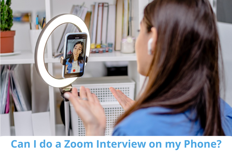 Girl conducting a Zoom interview on her phone on a mobile stand